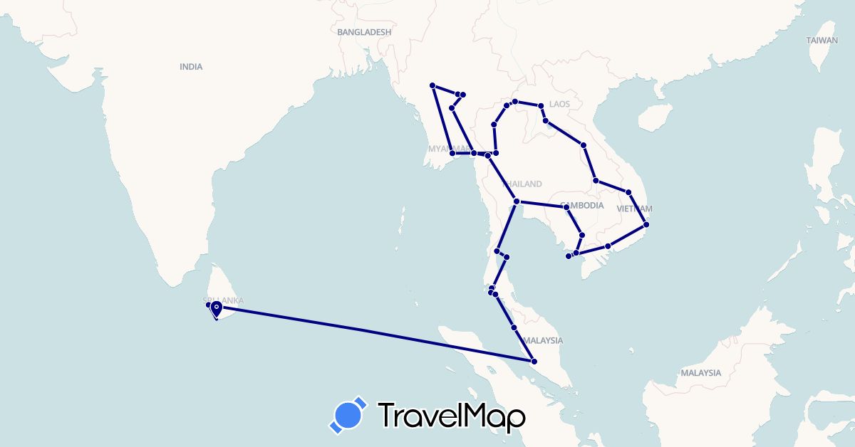 TravelMap itinerary: driving in Cambodia, Laos, Sri Lanka, Myanmar (Burma), Malaysia, Thailand, Vietnam (Asia)